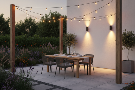 Warm string lights and wall sconces illuminating a modern backyard patio with outdoor furniture at dusk