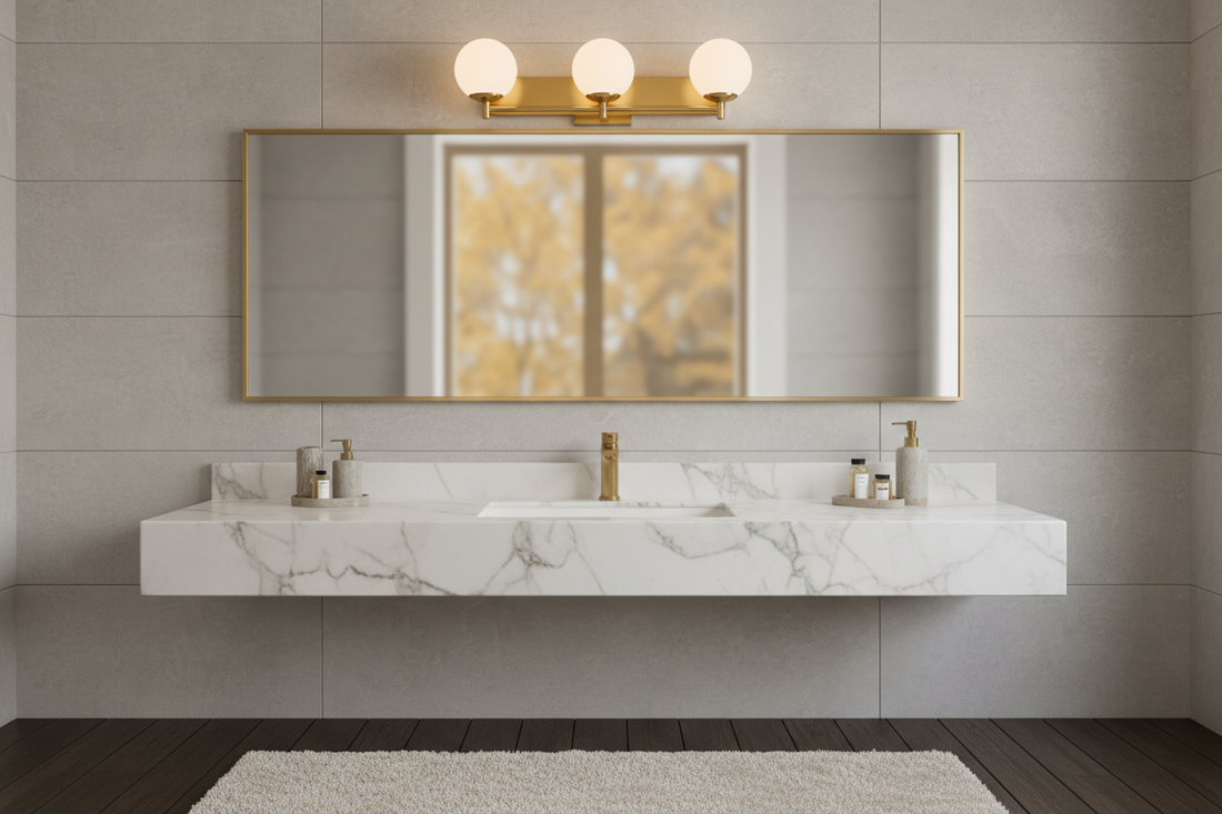Brushed gold 3-light bathroom vanity light mounted above mirror, warm fall bathroom lighting upgrade with clear glass shades