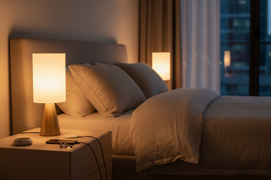 Touch control nightstand lamp set of 2 with AC outlet and USB ports on matching bedside tables in a modern bedroom