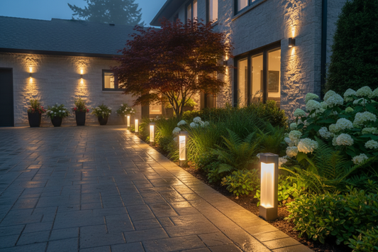 A beautifully illuminated home driveway and garden featuring high-performance solar garden lights and sconces, by Glowhaven.