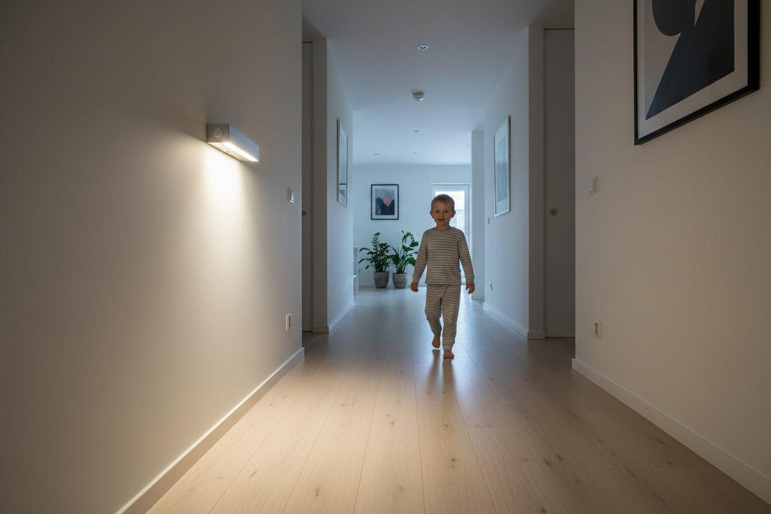 Motion sensor wall light illuminating a home hallway for safe nighttime navigation