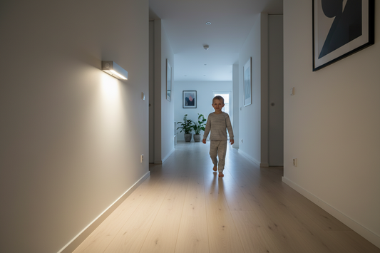 Motion sensor wall light illuminating a home hallway for safe nighttime navigation