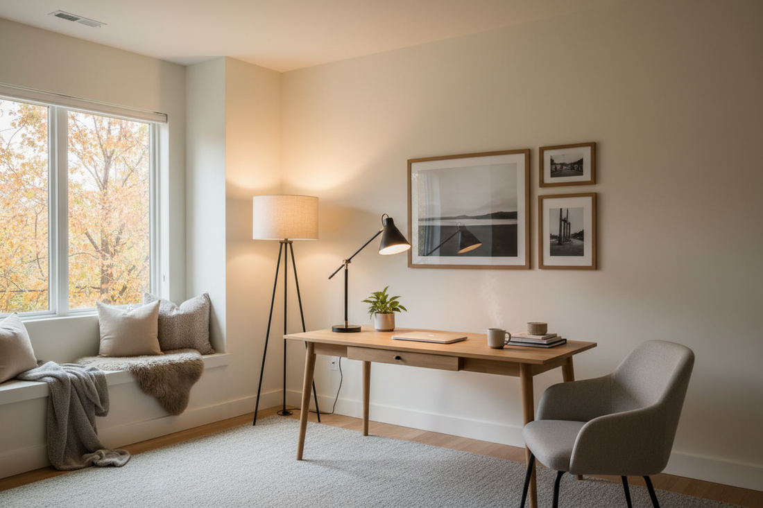 Modern home office with layered ambient and task lighting setup for remote work in fall