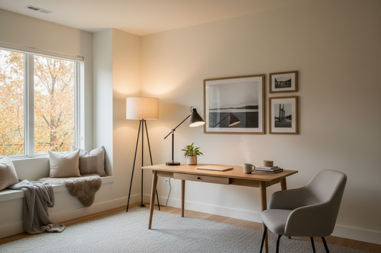 Modern home office with layered ambient and task lighting setup for remote work in fall