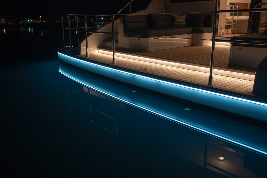 A professional marine lighting setup featuring boat led strip lights and sconces, by Glowhaven.