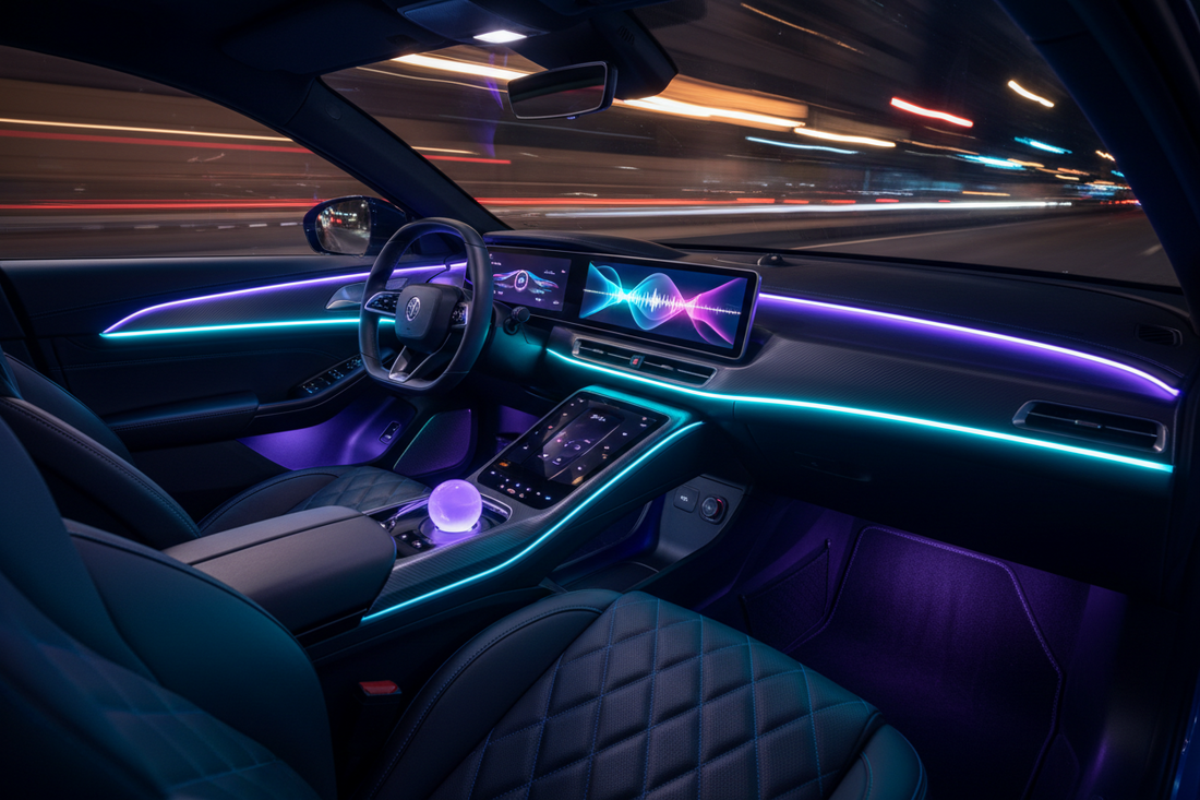 A professional car interior setup featuring car music light strips and shadow projectors, by Glowhaven.