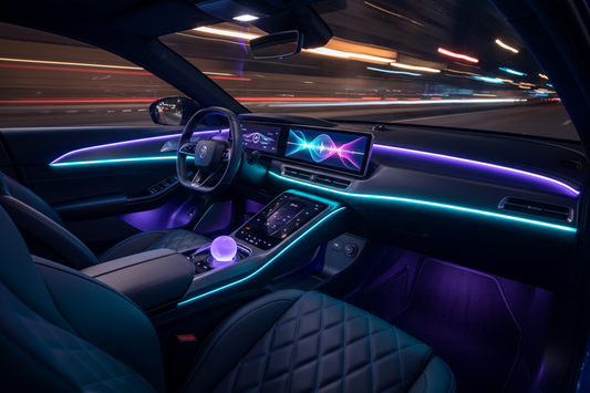 A professional car interior setup featuring car music light strips and shadow projectors, by Glowhaven.