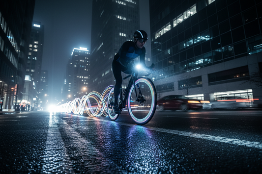 A high-visibility cyclist equipped with advanced bike light and bike wheel light for safety, by Glowhaven.