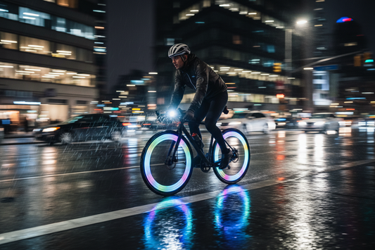 Text: Professional bike light and bike wheel light enhancing visibility and safety for night cycling, by Glowhaven.