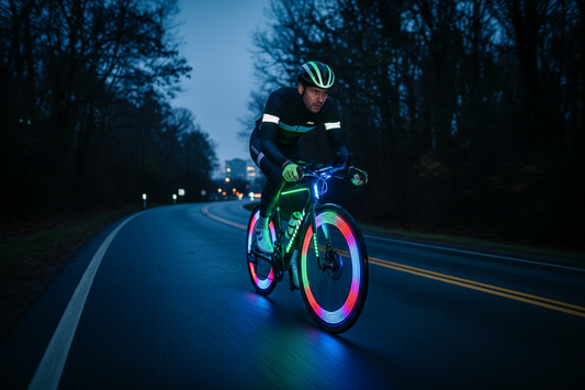 A professional safety setup featuring bike wheel lights and bike light strips, by Glowhaven.