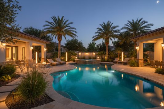 A professional backyard sanctuary featuring pool lights, sconces, and floor lamps, by Glowhaven.