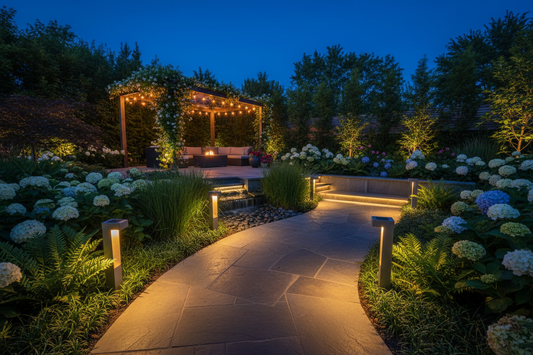 A professional backyard sanctuary featuring solar garden lights, sconces, and floor lamps, by Glowhaven.