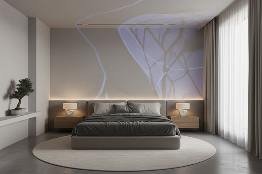 A professional bedroom sanctuary featuring shadow projectors, table lamps, and sconces, by Glowhaven.