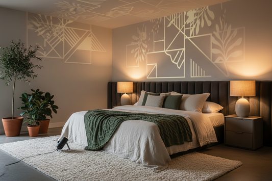 A professional bedroom sanctuary featuring shadow projectors, bedside lamps, and table lamps, by Glowhaven.