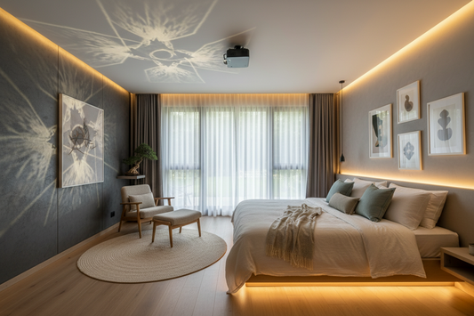 A professional bedroom sanctuary featuring shadow projectors, bedside lamps, and floor lamps, by Glowhaven.