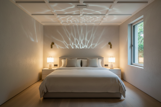 A professional bedroom sanctuary featuring sconces, bedside lamps, and shadow projectors, by Glowhaven.