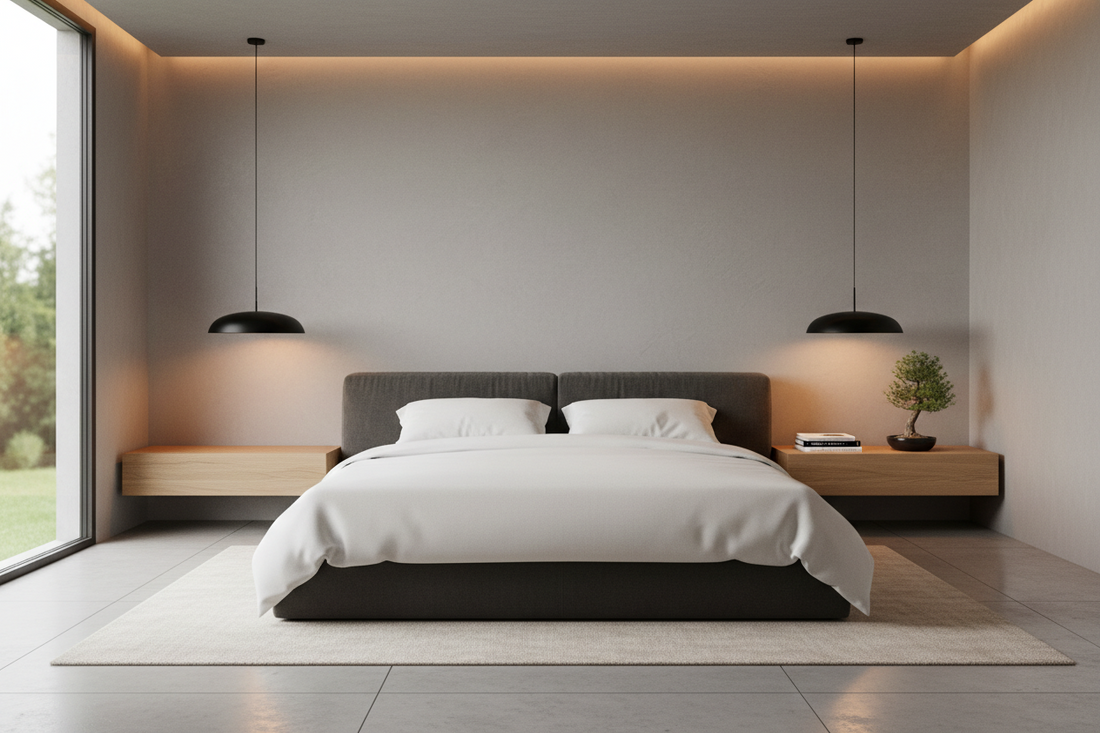 A professional bedroom sanctuary featuring bedside lamps, shadow projectors, and floor lamps, by Glowhaven.