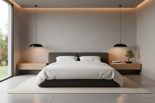 A professional bedroom sanctuary featuring bedside lamps, shadow projectors, and floor lamps, by Glowhaven.