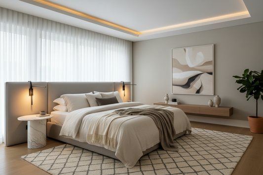 A professional bedroom sanctuary featuring bedside lamps, shadow projectors, and floor lamps, by Glowhaven.
