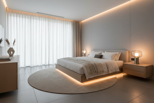 A professional bedroom sanctuary featuring bedside lamps, shadow projectors, and floor lamps, by Glowhaven.
