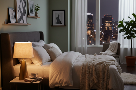 A professional home wellness sanctuary featuring bedside lamps, shadow projectors, and sconces, by Glowhaven.