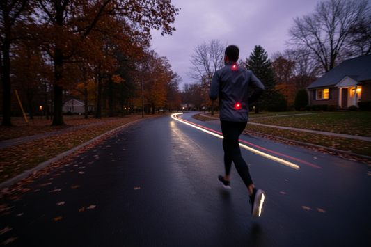 Runner wearing red and white wearable LED safety lights on a dark road at dusk in fall