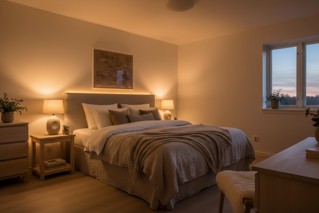 Alt text: Beautifully layered bedroom lighting with warm ceiling light, bedside table lamps, and soft accent glow creating a relaxing atmosphere