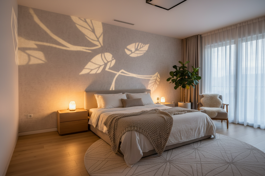 A professional home wellness sanctuary featuring shadow projectors, bedside lamps, and floor lamps, by Glowhaven.