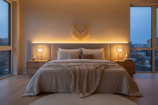 Cozy bedroom with warm ambient lighting from bedside table lamps and LED strip behind headboard for relaxation