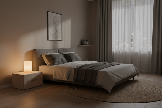 A calming bedroom atmosphere featuring a soft-glow night light and bedside lamp, by Glowhaven.