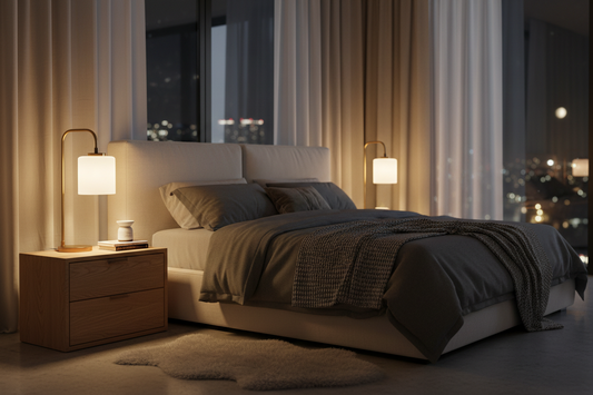 A professional bedroom lighting setup featuring bedside lamps and shadow projectors, by Glowhaven.