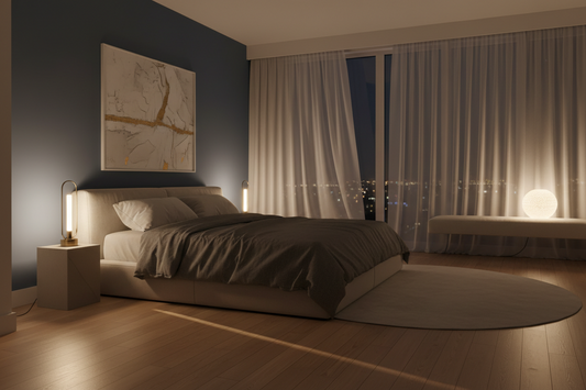 A professional bedroom lighting setup featuring night lights and shadow projectors, by Glowhaven.