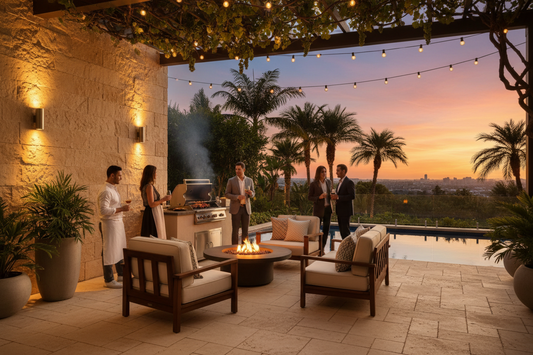 Professional wall sconce lighting creating a perfect atmosphere for outdoor barbecue parties, by Glowhaven.