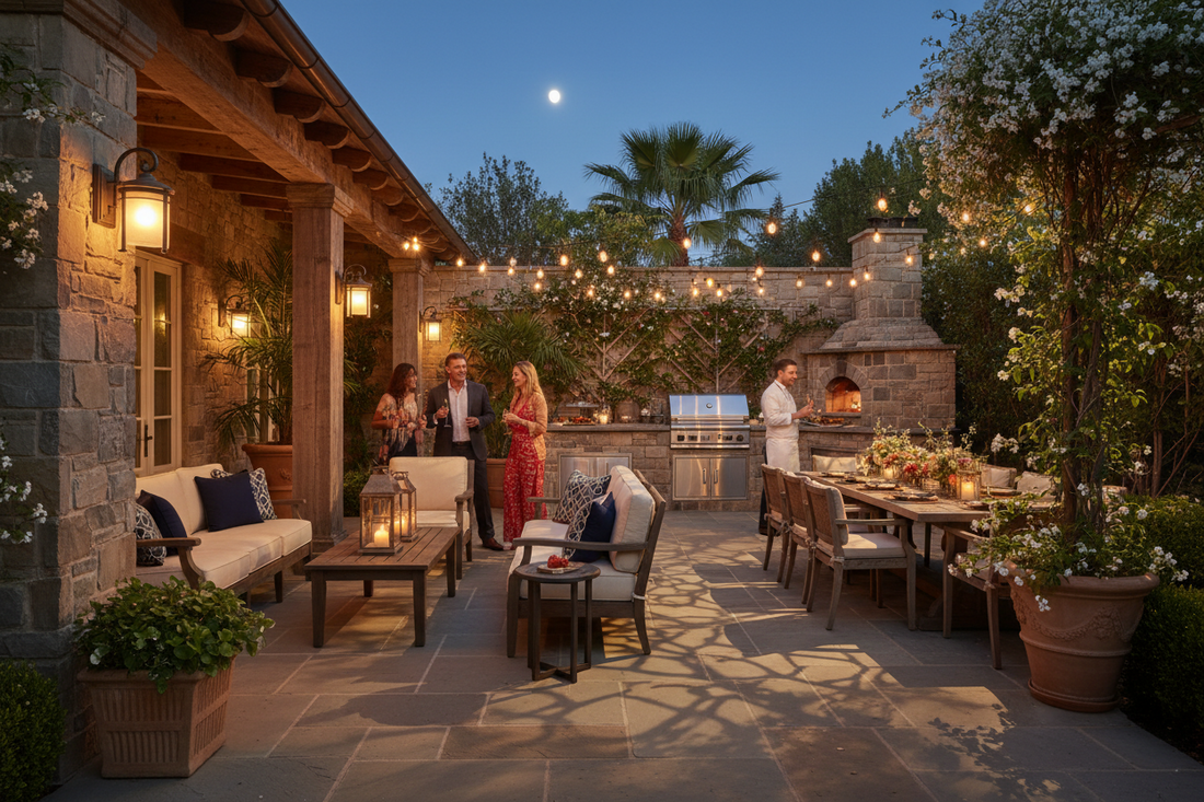 A beautifully illuminated outdoor summer party space featuring elegant sconces and shadow projectors, by Glowhaven.