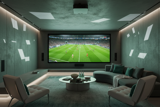 A professional home World Cup viewing party featuring shadow projectors, sconce, and floor lamps, by Glowhaven.