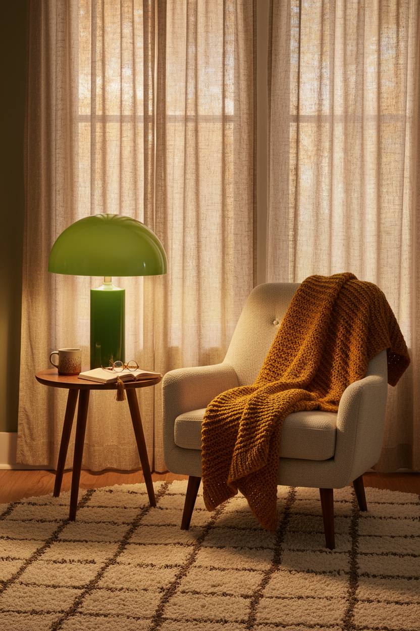 Vintage green mushroom floor lamp in a cozy living room reading corner with armchair and fall decor