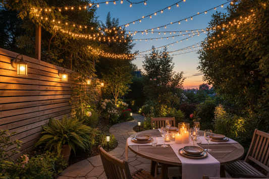 Backyard patio at dusk with layered outdoor string lights, wall sconces, and solar garden path lights for summer entertaining