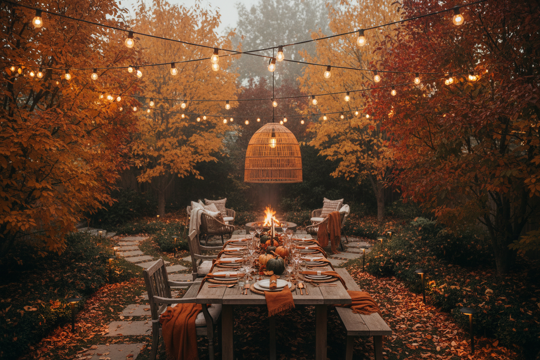Warm outdoor backyard lighting setup for fall entertaining with string lights, pendant light over dining table, and solar pathway lights