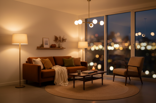 Cozy living room with warm ambient lighting in fall — layered floor lamp and pendant light setup
