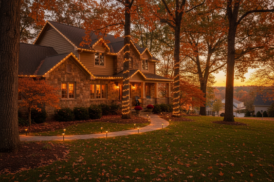 Home decorated with warm white LED string lights along roofline and solar pathway lights in fall
