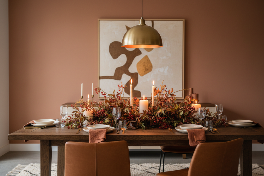 Warm fall dining room with brass pendant light and amber glow over wooden dinner table