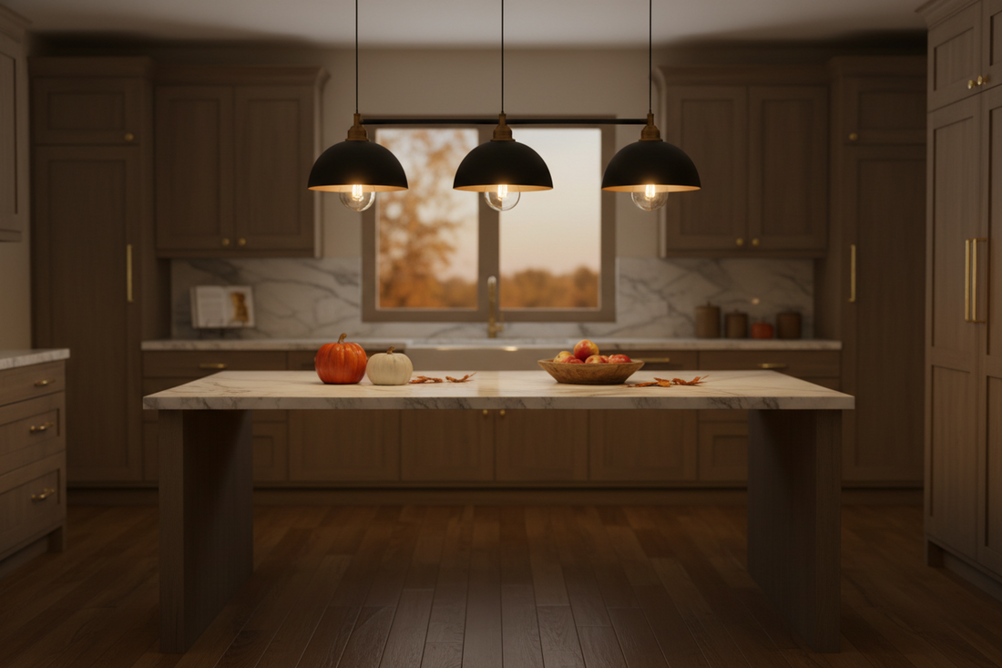 Black gold 3-light dome pendant light over kitchen island, warm fall dining room lighting setup with amber glow