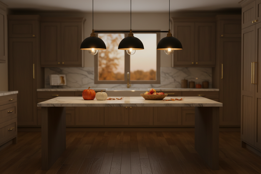 Black gold 3-light dome pendant light over kitchen island, warm fall dining room lighting setup with amber glow