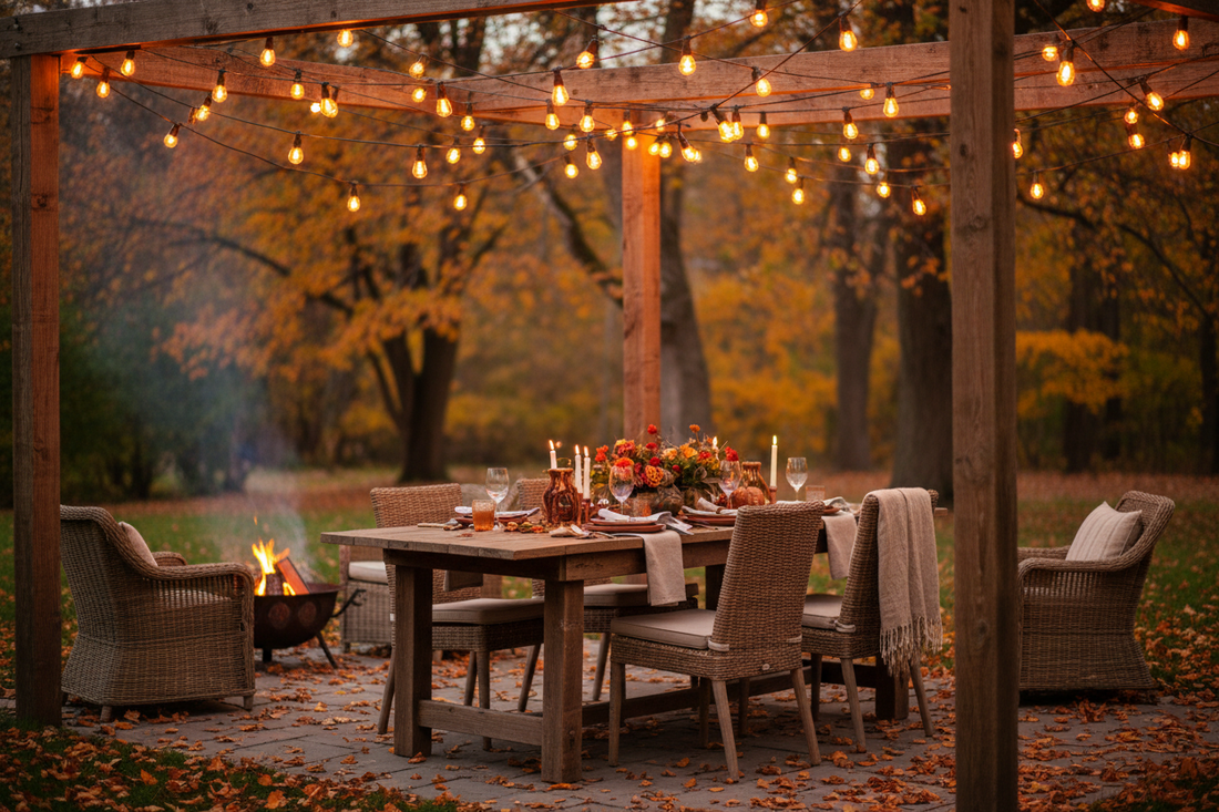 Warm outdoor patio with string lights and fall foliage at dusk, set for an autumn entertaining evening