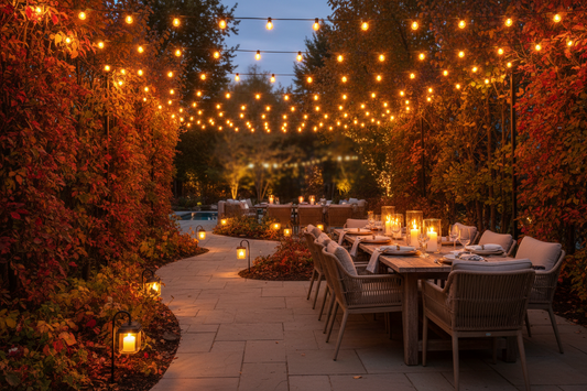 Warm outdoor patio with string lights and solar lanterns for fall entertaining
