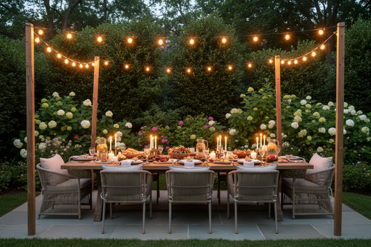 Warm outdoor backyard party setup with string lights and garden lighting at dusk
