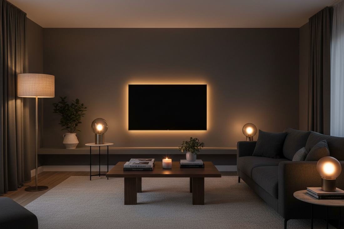 Cozy living room with layered ambient lighting including floor lamp, table lamps, and TV bias lighting