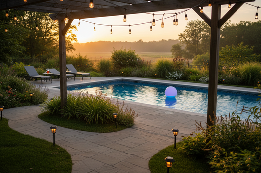 Solar outdoor lights illuminating a backyard patio and pool for summer entertaining