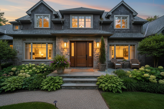 Two matte black outdoor wall sconces flanking a front door, casting warm amber light on a stone porch at dusk