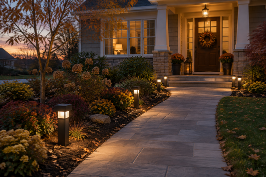Warm-white solar pathway lights beside a clear front walkway leading to a home decorated for Thanksgiving.